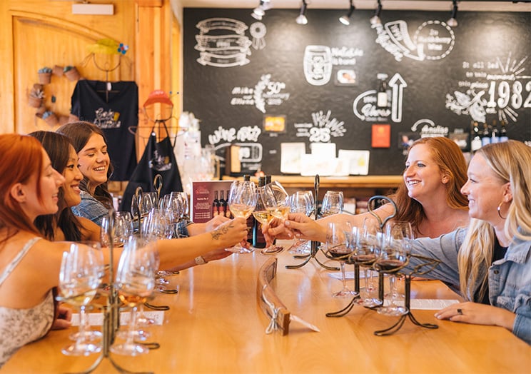 group of friends toasting inside tasting room